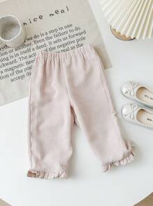 SHEIN Baby Girls' Cute Corduroy Elastic Waist Ruffle Trim Long Pants, Autumn Winter