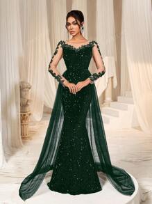 Faeriesty Faeriesty Elegant Sequin-Glitter Mermaid Tail Gown With Floral Embroidery & Flowing Tulle Train | Luxury Evening Dress For Black Tie Galas, Weddings