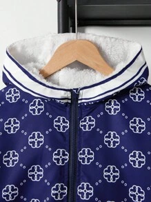 SHEIN Tween Boy Casual Full-Print Hooded Fleece Jacket, Autumn/Winter - Navy Blue - View 5