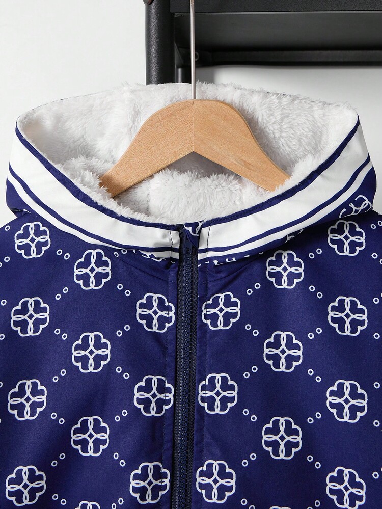 SHEIN Tween Boy 休闲全印花连帽羊毛夹克，秋冬 - 藏蓝色 - 查看 5