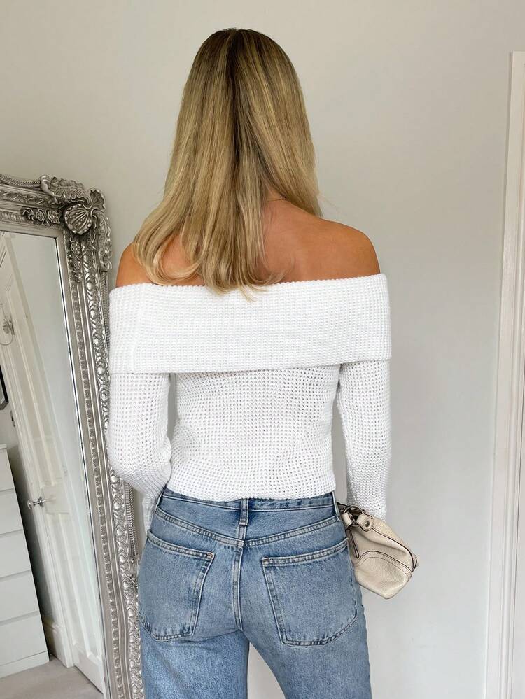 Women's Open Shoulder French Street Style White Long Sleeve Flare Cuff Sweater, Autumn & Winter