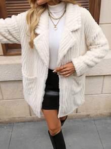 SHEIN LUNE 女士休闲纹理蓬松基本款外套夹克，适合秋冬季 - 米色 - 查看 6