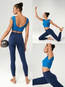 GLOWMODE FeatherFit™ Just Do U-Back 短袖割裂裾短款背心，低衝擊瑜珈日常穿著 - Blue Power - 查看 8