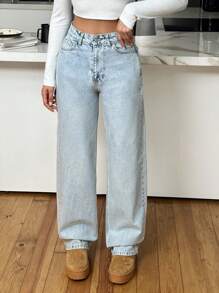 SHEIN Cottnline 100% Cotton HIGH RISE STRAIGHT CUT POCKET DETAIL  LIGHT BLUE JEAN - 657 - Light Wash - View 6