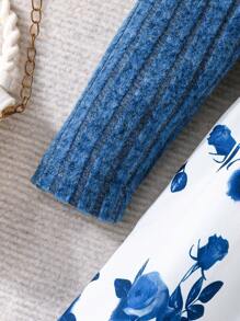 少女碎花针织泡泡袖短款上衣和波点印花拼接公主裙，蓝色，适合秋冬季