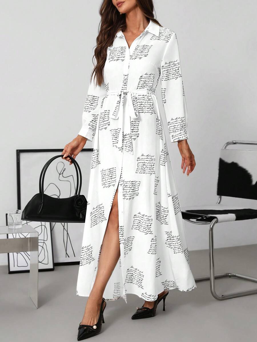 SHEIN Clasi Women's Elegant Letter Print Shirt Dress, Long Length - Black and White - View 1