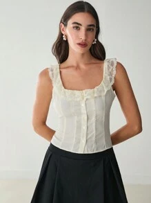 Enchnt Women's Solid Color Simplistic Everyday Lace Patchwork Tank Top