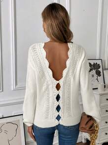 SHEIN LUNE Women's Solid Color Minimalist Casual Crew Neck Sweater Knit Pullover Fall Winter Outfit - White - View 1