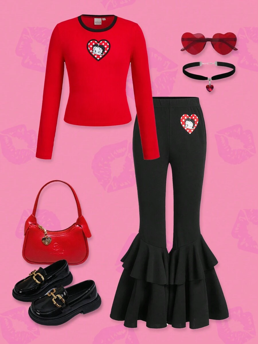 Betty Boop x SHEIN Tween Girl 2pcs Set: Red Fitted Ribbed Heart & Polka Dot Embroidered Tee And Black Multi-Layer Ruffle Flare Pants, Fall Outfit - Red - View 1