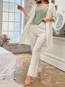 CottageSlumber 3 piezas Conjunto de pijama para mujer: Bata con cinturón simple y top tipo camiseta y pantalones largos, ropa cómoda y casual para el hogar de madre e hijo, conjunto blanco para la temporada festiva, esplendor floral abundante, ropa de otoño e invierno, detalles acogedores y elegantes - Blanco - Ver 3