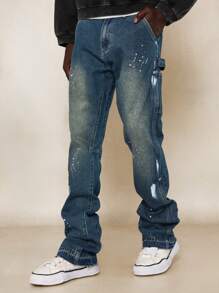 SUMWON Flare Fit Carpenter Denim Jean With Splatter Paint - Blue - View 1