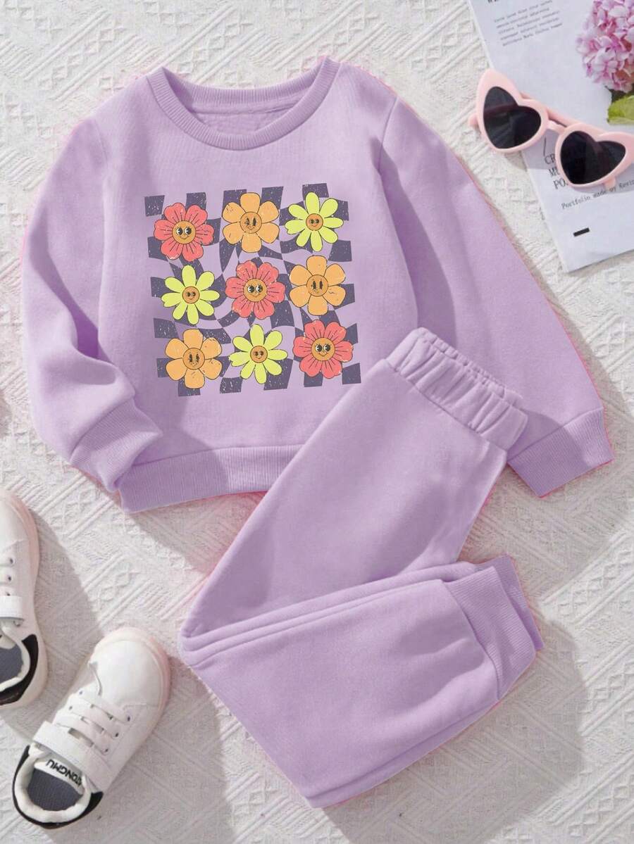 Stylish Baby Girls Sunflower Print Comfy Casual Homewear Sweatshirt Set - Purple - View 1