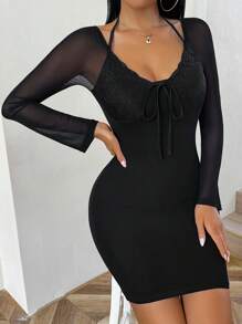 Chiquease Lace Patchwork Long Sleeve Tie-Neck Bodycon Mini Dress - Black - View 6