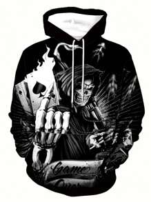 Manfinity Dauomo Men's Skull Print Hooded Long Sleeve Sweatshirt, For Fall