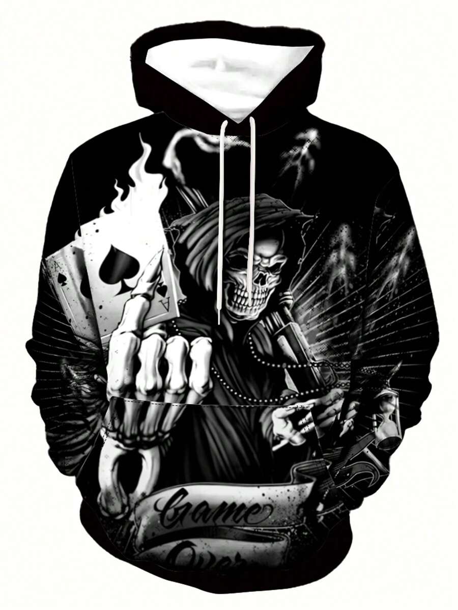 Manfinity Dauomo Men's Skull Print Hooded Long Sleeve Sweatshirt, For Fall