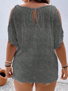 Vionelle Camiseta simple de cuello redondo con cordón y volantes talla grande, uso casual diario - Gris - Ver 3