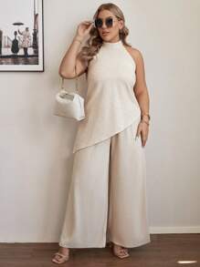 Flirla Cămașă Texturată Asimetrică și Pantaloni Texturați De Femei Dimensiuni Plus - Caisă - Vizualizare 6