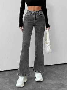 SHEIN PETITE 98% CottonWomen's Mid-Rise Flare Slightly Stretchy Washed Plain Denim Jeans - Grey - View 1