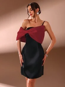 SHEIN Belle Burgundy Red Ladies Contrast Bow Decor Asymmetric Neck Elegant Cocktail Party Dress,Semi Formal Prom Gown For Wedding Guest,Birthday,Graduation&Dinner - Burgundy - View 3