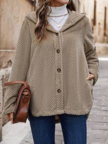SHEIN LUNE Chaqueta reversible cálida y esponjosa de longitud media con capucha para mujer, térmica para otoño/invierno - Caqui - Ver 4