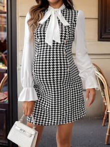 SHEIN Pregnant Women Spring And Autumn Leisure Houndstooth Stitching Lotus Leaf Sleeve Neckline Tie Dress, For Maternity