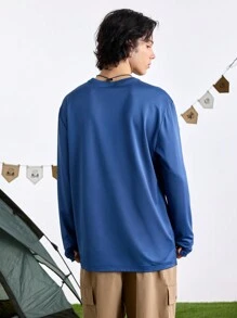 Gym Rark Men's Solid Color Round Neck Long Sleeve Printed Comfortable & Fashionable Casual Top School - Blue - View 5