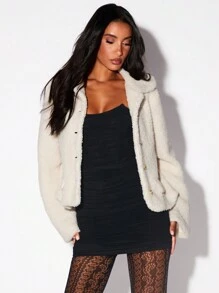Glamine Chaqueta informal de unicolor con bolsillo, puño de felpa tipo teddy, abertura en la solapa y cuello - Café integral - Ver 4