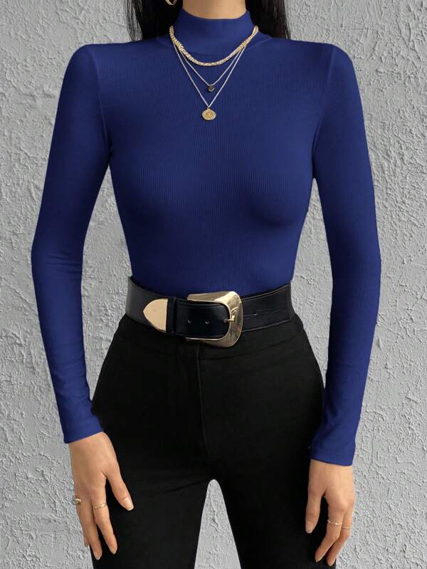 RueChic Tricou solid cu gât fals pentru primăvară și toamnă