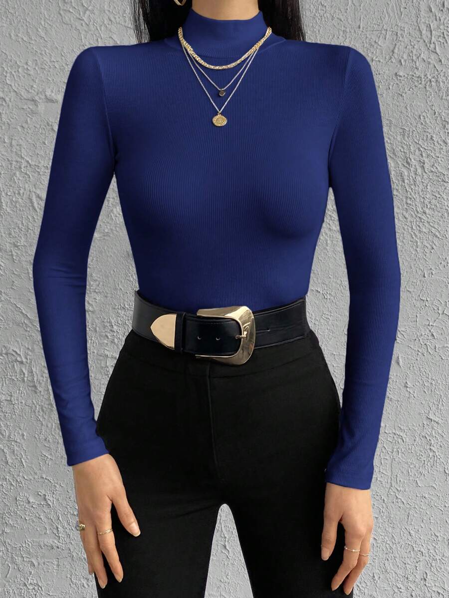 RueChic Solid Mock Neck Tee For Spring & Autumn - Blue - View 1