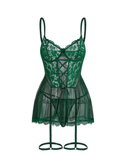 Verleidelijke Kanten Contrast Mesh Lingerie Dress Detachable Garter Belt Back, view 4