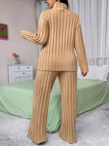SHEIN Unity Plus Size Women's Solid Color Long Sleeve Casual Sweater And Knit Pants Set For Fall And Winter - Khaki - View 2