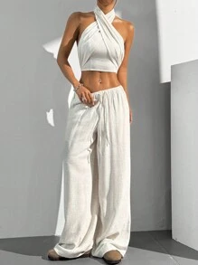SHEIN EZwear 2 pièces/ensemble Top sans manches à col ras-du-cou et dos nu de couleur unie et pantalon long à cordon de serrage pour femmes