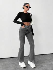 SHEIN PETITE 98% CottonWomen's Mid-Rise Flare Slightly Stretchy Washed Plain Denim Jeans - Grey - View 4