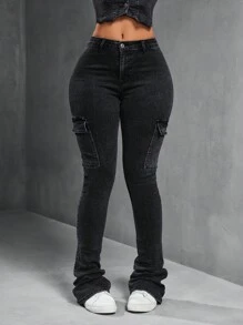 SHEIN SXY Quần jean tiện ích bỏ túi Slim Fit thông thường hàng ngày đa năng dành cho nữ - màu đen - Xem 3