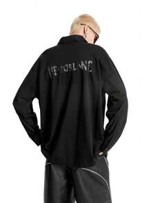 NEON BLANC Men's Cotton Blended Patchwork Knit Loose Turndown Collar Casual Printed Shirt - Black - View 2