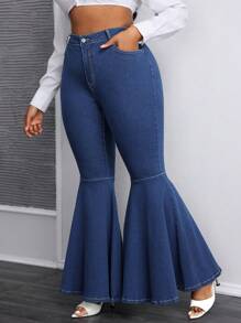SHEIN SXY Jeans ajustados acampanados con cintura alta y elástico de talla grande - Azul lavado oscuro - Ver 6