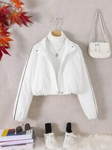 Áo khoác bomber dáng rộng thông thường hợp thời trang của Tween Girls Màu trắng Colorblock Splice - trắng - Xem 1