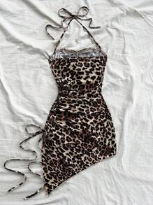 Soleia 性感吊带抽绳不对称下摆修身豹纹连衣裙，夏装 - 棕色 - 查看 2