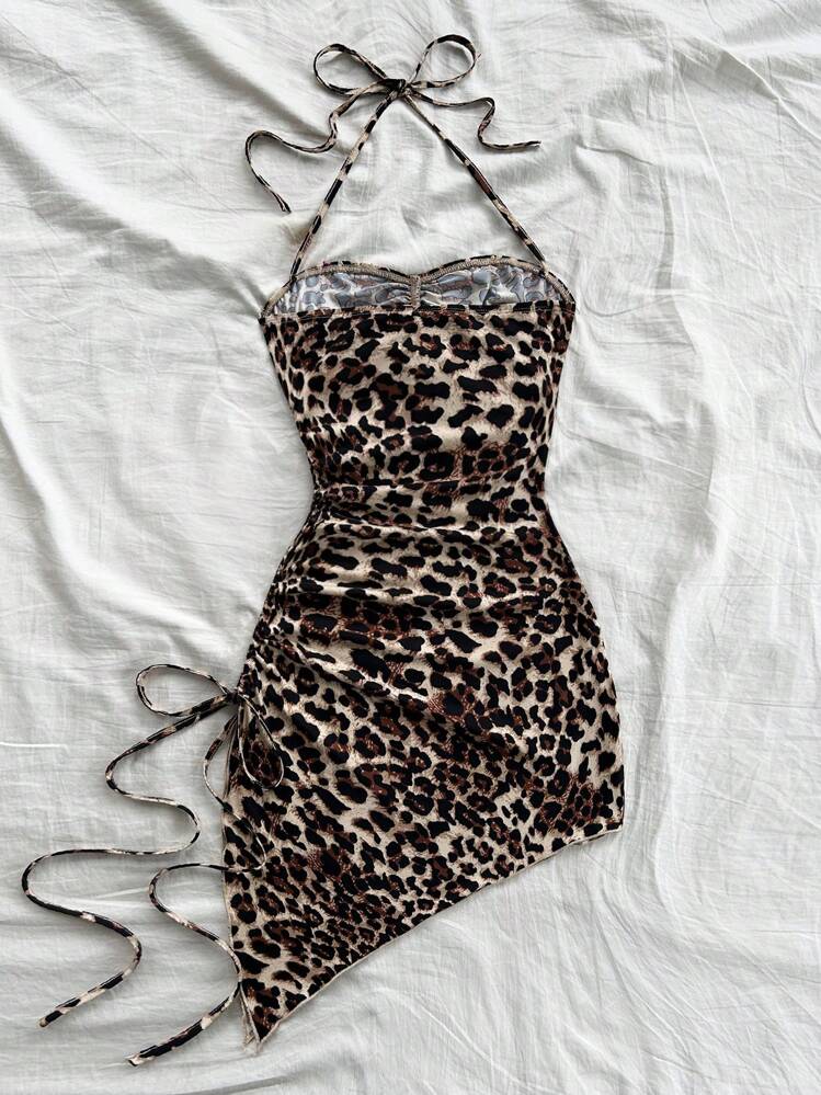 Soleia 性感吊带抽绳不对称下摆修身豹纹连衣裙，夏装 - 棕色 - 查看 2