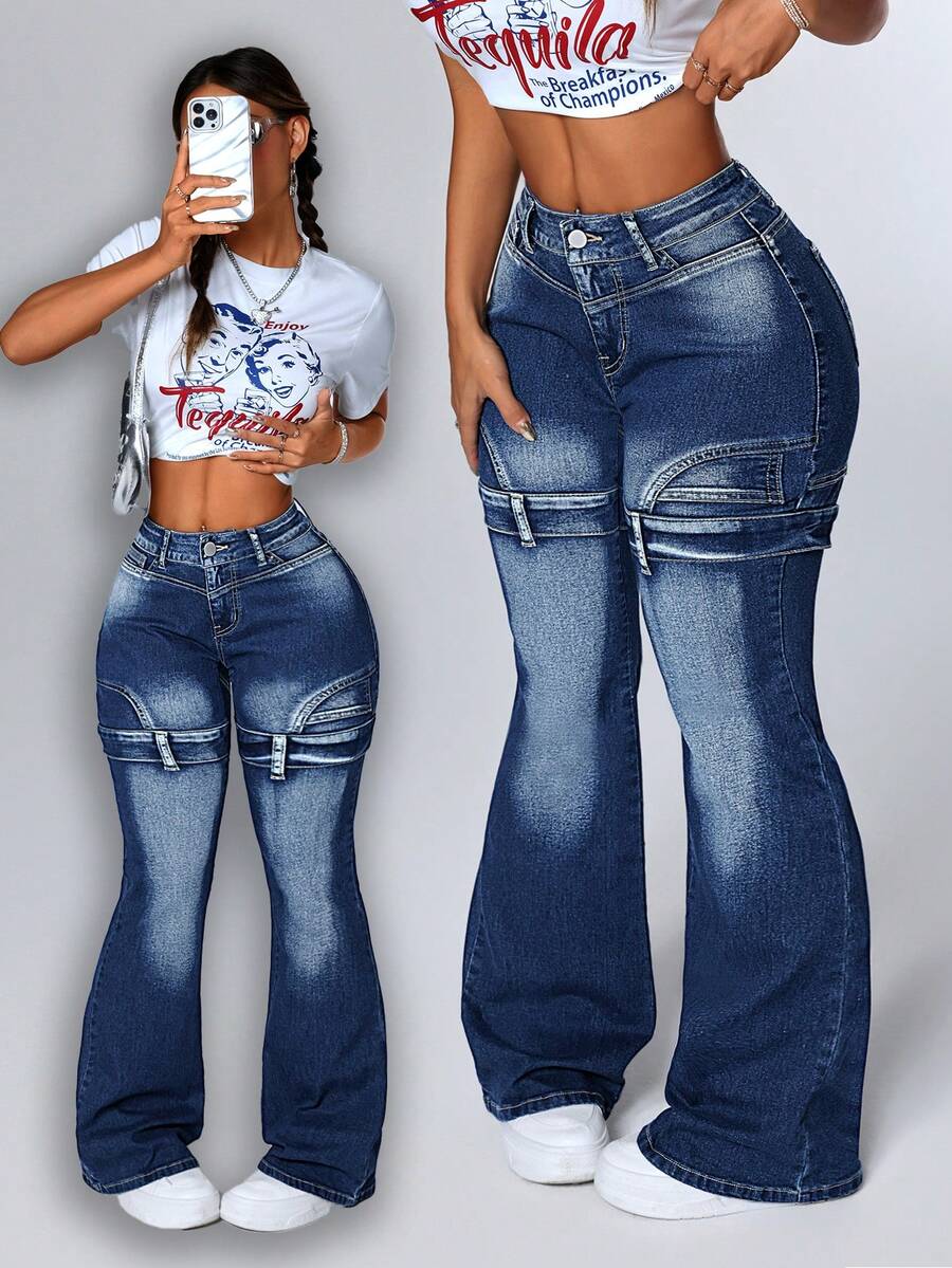 SHEIN ICON Women's Denim Flare Jeans With Ribbon Design, Casual And Versatile - Blue - View 1