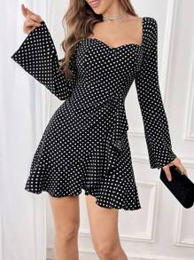 女士圆点印花方领长袖连衣裙 - 黑色 - 查看 1