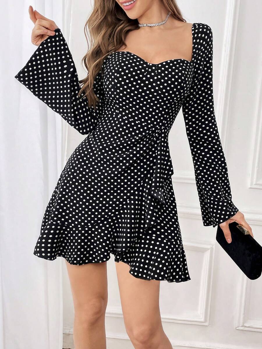 女士圆点印花方领长袖连衣裙 - 黑色 - 查看 1