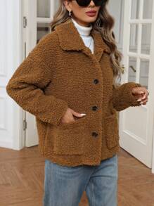EMERY ROSE 复古休闲仿羊毛领纽扣口袋长袖夹克 - 棕色 - 查看 1