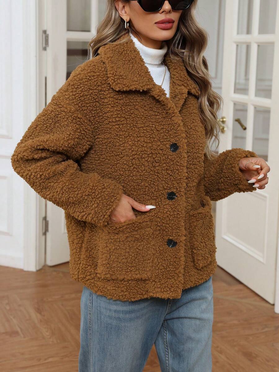 EMERY ROSE 复古休闲仿羊毛领纽扣口袋长袖夹克 - 棕色 - 查看 1