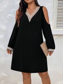 SHEIN LUNE Plus Contrast Guipure Lace Cold Shoulder Dress Fall Cloth For Women - Black - View 4