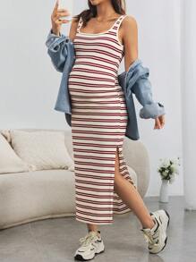 SHEIN 孕妇装 City Vacation 圆领修身中长连衣裙 - 酒紅色 - 查看 3