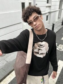 Manfinity Roghcode 男士面部印花圆领休闲长袖毛衣 - 黑色 - 查看 9