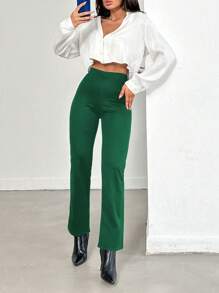 EURMUSE Solid High Waist Wide Leg Pants - Green - View 4