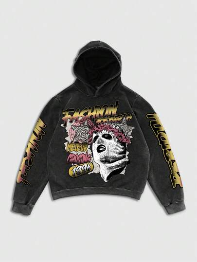 Street Life Men's Vintage Print Washed Distressed Hoodie