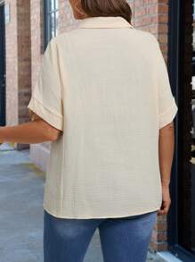SHEIN LUNE Plus Size Women Solid Color Single Breasted Casual Short Sleeve Shirt, Summer - Apricot - View 2